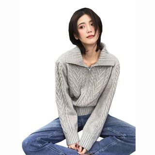 零柒零捌灰色麻花毛衣外套女秋季设计感小众慵懒风针织开衫