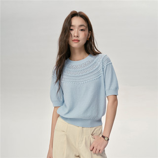 设计师款佐丹奴针织衫女纯棉镂空宽松短袖蓝色上衣女18355209 06 海盐蓝 M