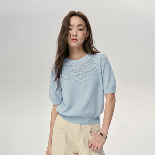 设计师款佐丹奴针织衫女纯棉镂空宽松短袖蓝色上衣女18355209 06 海盐蓝 M