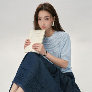 设计师款佐丹奴针织衫女纯棉镂空宽松短袖蓝色上衣女18355209 06 海盐蓝 M