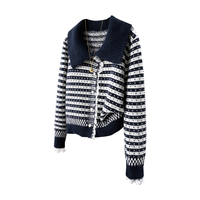 她池 含绵羊毛翻领撞色条纹毛衣女2025秋冬甜美风针织开衫