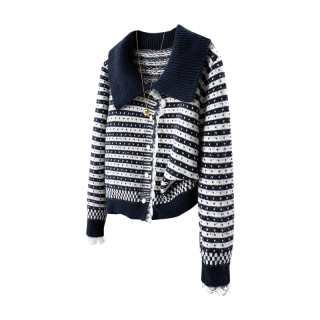 她池 含绵羊毛翻领撞色条纹毛衣女2025秋冬甜美风针织开衫