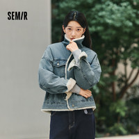 森马 牛仔外套女 拼接仿兔毛翻领 宽松港风落肩夹棉夹克 牛仔浅黄泥染80331 S
