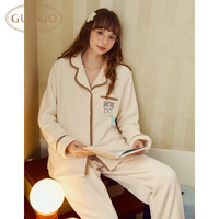 果壳(Gukoo)睡衣女冬季鲨鱼猫联名毛绒保暖简约翻领女士家居服套装可外穿D 牛乳白套装 S