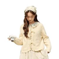 紫涵 圆领绞花针织开衫撞色蝴蝶结系带宽松毛衣外套