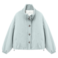 Basic House/百家好针织拼接羽绒服冬季单排扣立领短款外套女 灰蓝色 M