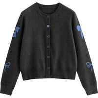 初语蝴蝶结提花针织衫女2024秋季通勤简约圆领气质上衣开衫 黑灰色 S