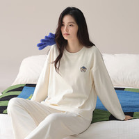 芬腾睡衣女【100%纯棉】2025秋冬长袖睡衣女士休闲松弛家居服套装 奶白 XL