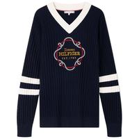 TOMMY HILFIGER TommyHilfiger25春夏女蛇年肌理感V领条纹刺绣宽松针织衫毛衣