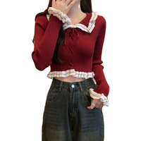 娃娃领红色毛衣女秋冬内搭修身短款小个子长袖打底针织衫辣妹上衣