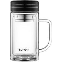 SUPOR 苏泊尔 双层玻璃杯大容量泡茶杯带把办公水杯男女士玻璃杯子500mL儒雅黑 带把手-儒雅黑 500ml