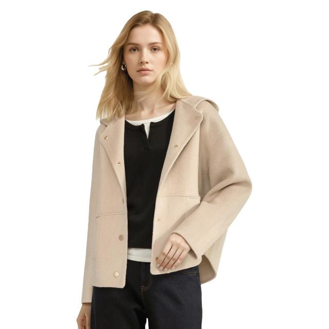 嘉人 100%羊毛 短款连帽女式上衣外套 落肩款女式大衣