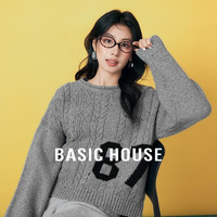 Basic House/百家好美式字母提花圆领毛衣女宽松彩纱绞花上衣 灰色 L