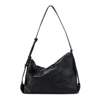 哭喊中心 油蜡黑皮不规则斜跨单肩手提背包 大容量黑色