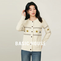 Basic House/百家好韩版立体钩花毛衣春季民族风短款针织开衫 白色 M