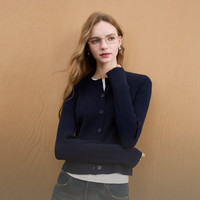 三彩 2025冬季修身短款圆领针织衫长袖开衫外搭显瘦简约M 藏青色 S 155/80A