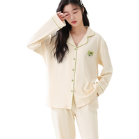 猫人女士睡衣女100%纯棉防螨抑菌简约清新开衫家居服淡黄色XL