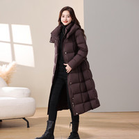 雪中飞2025冬女款羽绒服长款气质端庄系带收腰显瘦连帽高级感 咖色|7406 M /160/84A