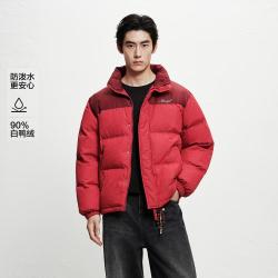 太平鸟 男装2025冬款防风立领撞色拼接满印男式羽绒服