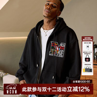 MEDM 大M毛绒线框填充拉链帽衫男士早秋外套美式嘻哈连帽卫衣 黑色 L
