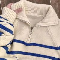 白色条纹慵懒蓝色拉链polo翻领毛衣秋冬针织打底上衣宽松