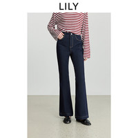 LILY2025冬新款复古原色弹力修身加绒休闲通勤深色微喇裤牛仔裤女 419牛仔蓝 XL