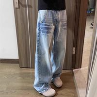 小众裂纹设计水洗浅蓝色牛仔裤美式潮流休闲ins百搭宽松直筒长裤