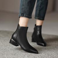 卡文 法式尖头瘦瘦靴女皮鞋粗跟商务通勤百搭真皮短筒女靴
