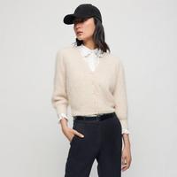 maje 冬季女装珍珠纽扣七分袖V领优雅温柔针织开衫含绵羊毛外套