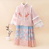 十月妈咪 女童汉服儿童拜年服中国风冬装新国潮加绒马面裙夹棉上衣棉服唐装