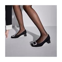 思加图 冬季新款法式优雅通勤单鞋方头绒面粗跟一脚蹬浅口鞋