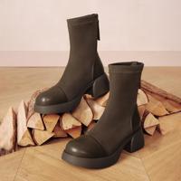 百思图 秋冬季保暖商场同款休闲弹力靴粗跟女短靴加绒可选