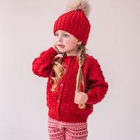 小童中童羊毛混纺毛衣长袖球球毛衫针织复古开衫外套红色拜年服