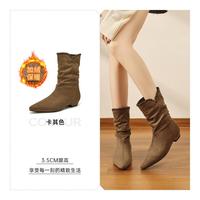 15分钟 百丽国际旗下美拉德马丁靴女冬季加绒褶皱堆堆靴中筒复古增高女靴