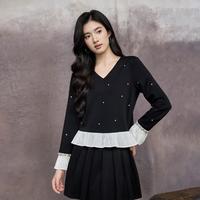 奢姿 大码女装2025秋季减龄镶钻V领时尚T恤胖妹妹拼接简约上衣