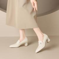 卡文 粗高跟时尚通勤女皮鞋尖头气质水钻装饰深口单鞋女