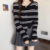 北极绒 条纹V领长袖针织衫女慵懒别致气质纽扣开衫毛衣打底衫上衣外套