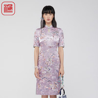 渔渔服饰复古旗袍连衣裙2024新款女满身绣花新中式真丝裙子FGGA0077 紫 L