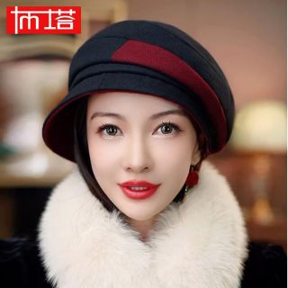 PTAH羊毛混纺贝雷帽百搭复古羊毛呢保暖气质日系秋冬帽英伦画家帽 黑色