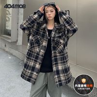 404MOB秋冬毛呢格子外套加棉小众翻领外穿宽松休闲小香风夹克