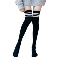 Langsha 浪莎 长筒袜女韩版过膝袜子女学院风日系高筒半截美腿长靴袜 全黑和条纹黑各1条 均码