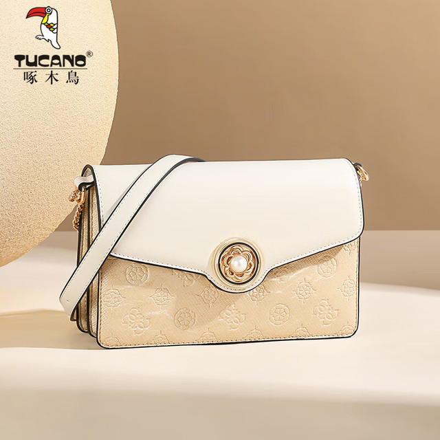 啄木鸟 包包女包2025百搭高级感经典印花小方包时尚链条圣诞新年 米白//珍珠太阳花