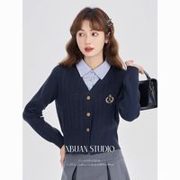 零柒零捌学院风针织衬衫假两件上衣女装秋季2025开衫毛衣