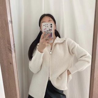 零柒零捌香芋紫色翻领高领双拉链毛衣外套女秋冬加厚立领针织开衫
