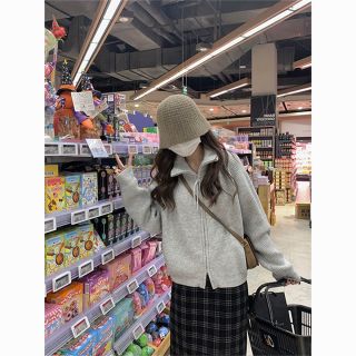 零柒零捌香芋紫色翻领高领双拉链毛衣外套女秋冬加厚立领针织开衫