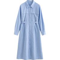 初语条纹长袖衬衫连衣裙女2024秋季通勤气质收腰polo领长裙 蓝条 S