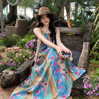槿城 海边度假碎花吊带连衣裙2025新款法式复古波西米亚民族风绝美长裙 印花吊带裙