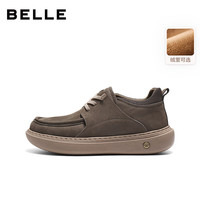 百丽高帮休闲板鞋男2025冬季商场款牛皮革厚底工装鞋8VD11DD5 灰色-绒里 42 (260mm)