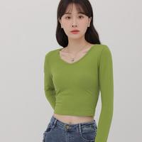 DEBRAND 长袖t恤女春季v领露肚脐辣妹装修身显瘦性感百搭打底衫上衣短款