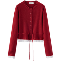 森马 毛衣女款2026短款显瘦圆领内搭蕾丝收腰春红色毛衣 红色调00366 L